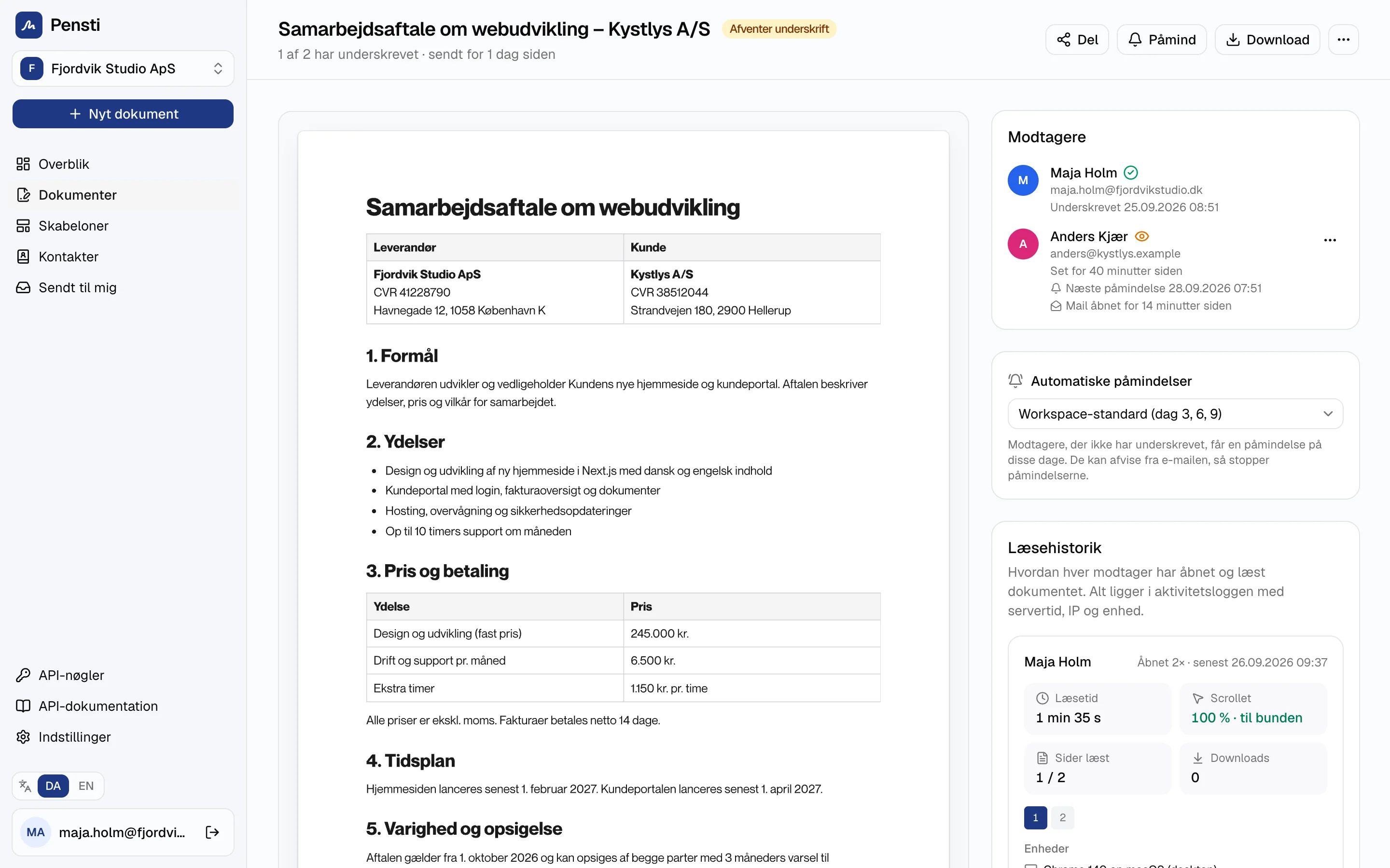 Kontraktside i Pensti med modtagere, status, påmindelser og læsehistorik
