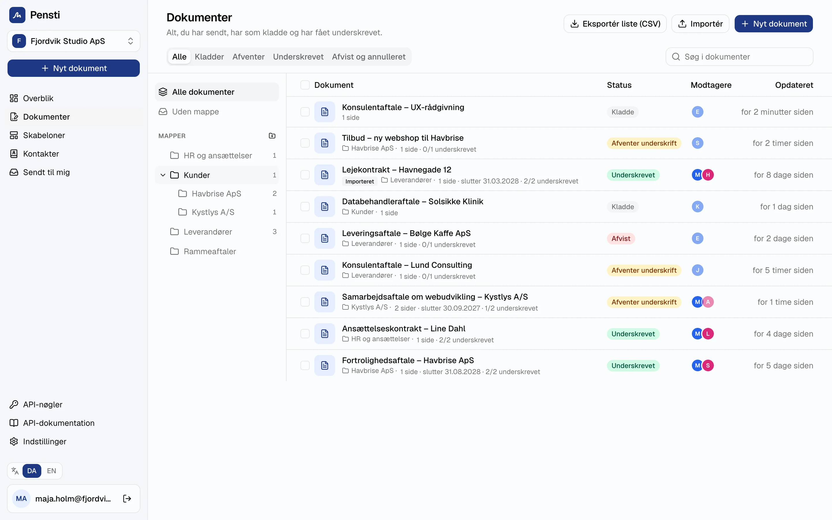 Dokumentliste med mapper, status og slutdatoer