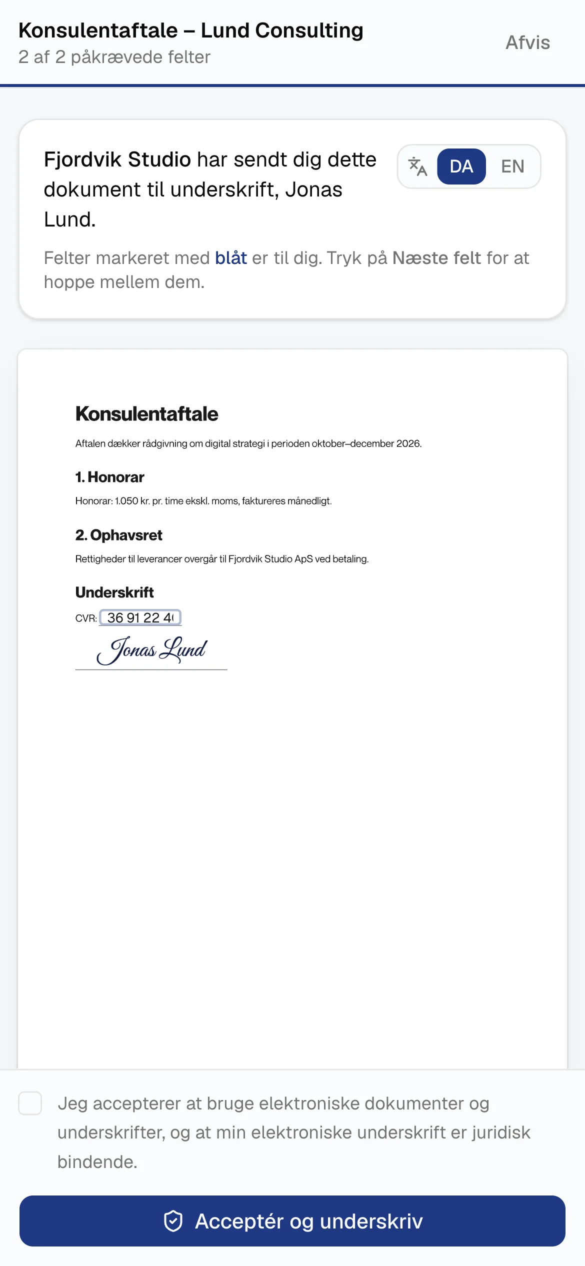 Underskriftssiden på en mobil med udfyldt underskrift